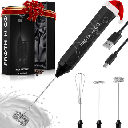 Zulay Froth N Go Milk Frother – Rechargeable 3-in-1 Handheld Frother Wand with Travel Case & USB-C Charger – Single, Double & Egg Whisk for Latte, Cappuccino, Matcha, Protein Shakes – Black Marble