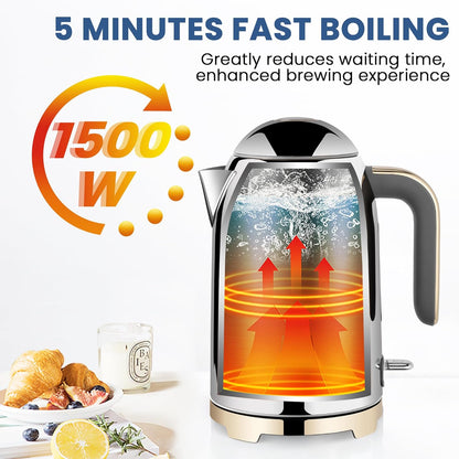 SUSTEAS Electric Kettle - 57oz Hot Tea Water Boiler with Thermometer, 1500W Fast Heating Stainless Steel Pot, Cordless LED Indicator, Auto Shut-Off & Boil Dry Protection, Glossy Silver
