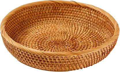 I-lan 10 Inch Round Bread baskets with 2" Wall, Rattan Fruit Basket with Rolled Edge, Decorative Natural Basket Wicker Bowl for Nuts, Candy Catch All Dish, Storage, Coffee Table, Brown, L