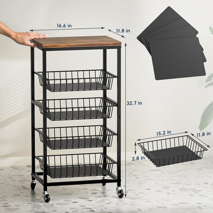 Fruit Vegetable Cart, 4-Tier Snack & Kitchen Cart on Wheels with Storage, Pull-Out Baskets & Wood Top, Rolling Organizer for Pantry, Living Room (Brown)