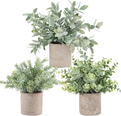 Der Rose 3 Pack Mini Potted Fake Plants Artificial Plastic Eucalyptus Plants Topiaries for Home Office Desk Farmhouse Shelf Room Bathroom Decor(Sage Green)