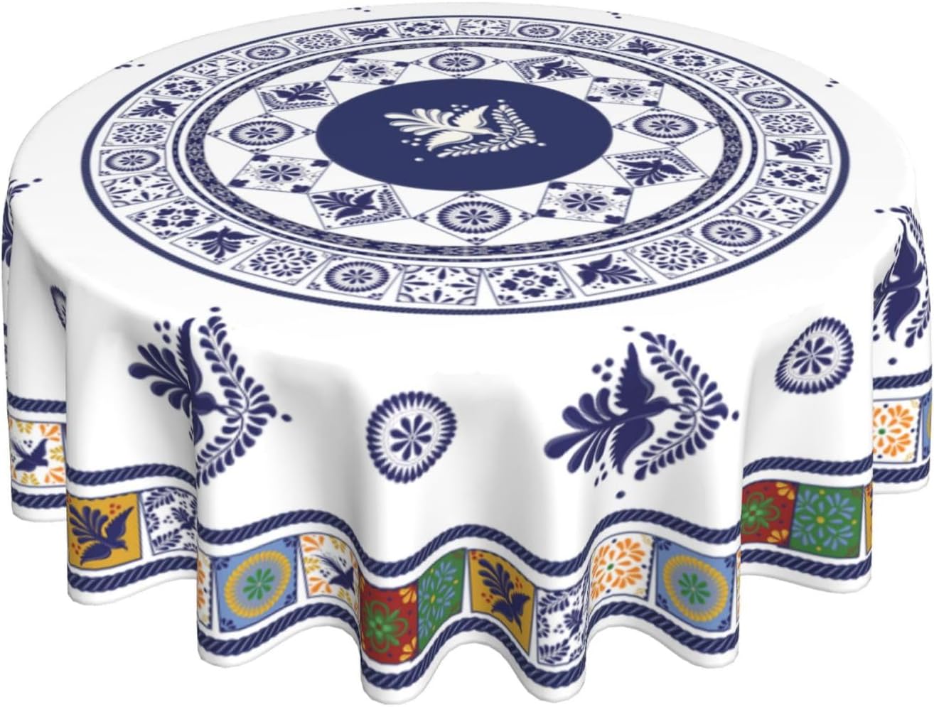 Mexican Round Tablecloth, Floral Bird Talavera Ceramic Tile Dia De Los Muertos Azulejo Mosaic Water Resisitant Table Cover for Dining Kitchen Living Room Home Party Holiday Decor 60 inch Round