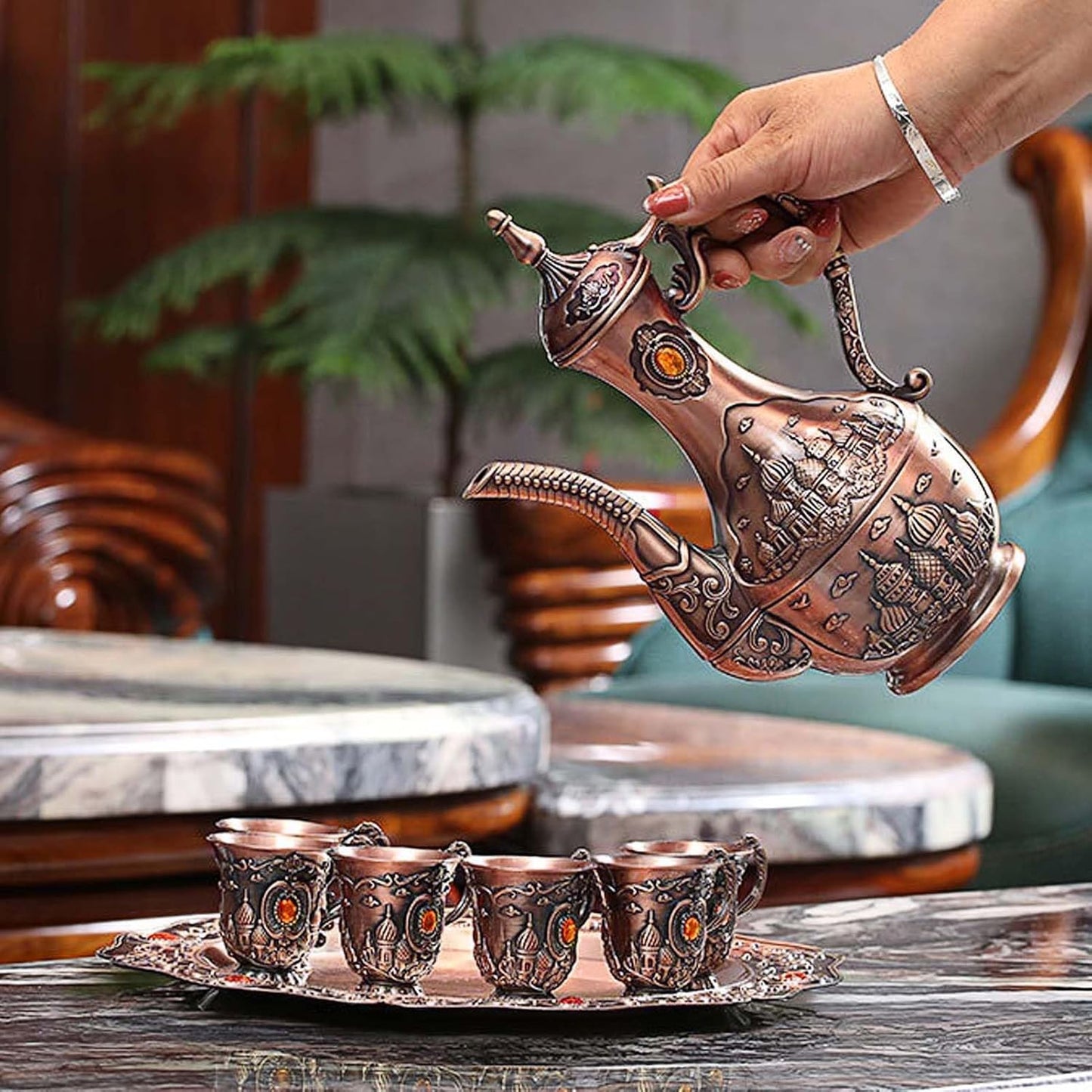 Vintage Turkish Coffee Pot Set for 6 Including Tray and Teapot,Metal Cups,Teapot and Cup Set for One,Tea Service Set for Home Tea Table Decor,Wedding Ornaments(Copper)