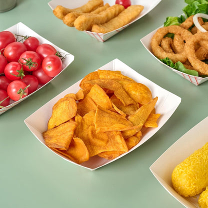 ECOLipak 100 Pack 3lb Paper Food Tray Red, Disposable Paper Boats, Food Holder Trays, Serving Boats for Taco Nacho Hot Dog Snack Fries Dessert Popcorn Sauce