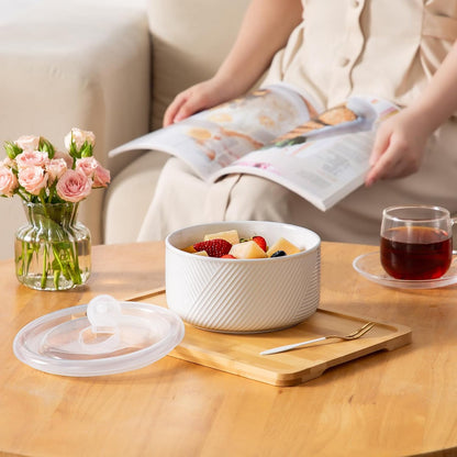 Large Ceramic Bowls with Lids: 32 oz Microwave Safe Food Storage Containers for Soup Salad Meal Prep Lunch Picnic Camping - 6 Inch, Set of 4 (White)