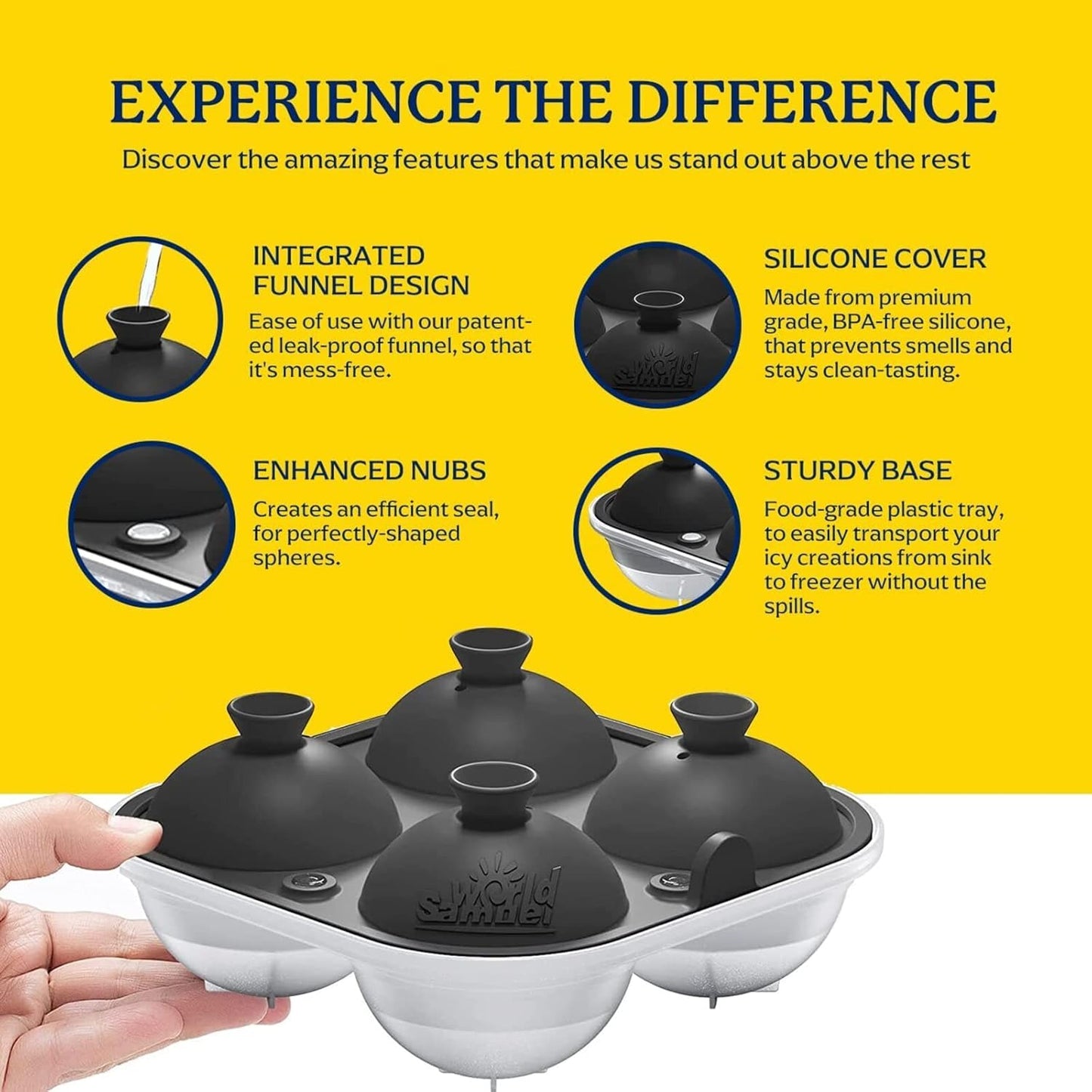 Samuelworld Large Silicone Premium Ice Trays, 2-Pack Combo, 2 Inches Big Cubes & 2.5 Inches Sphere Ice Molds - BPA Free, Craft Ice Maker for Gifting, Whiskey, Cocktails, Easy Release - Gray