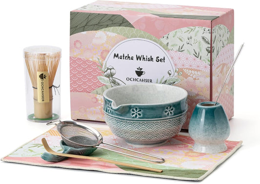Matcha Tea Set, 8 Pcs Japanese Matcha Kit with Cherry Blossom and Wave Design Ceramic Bowl, Bamboo Whisk, Whisk Holder, Scoop, Sifter, Brush, Matcha Kit Set for Matcha Lovers (Blue Gradient)
