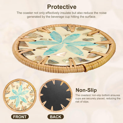 uxcell 2Pcs Handmade Woven Rattan Coasters, Heat-Resistant Drink Coasters for Coffee Table Dining Room Kitchen Coffee Wine Decor, Light Blue Petal