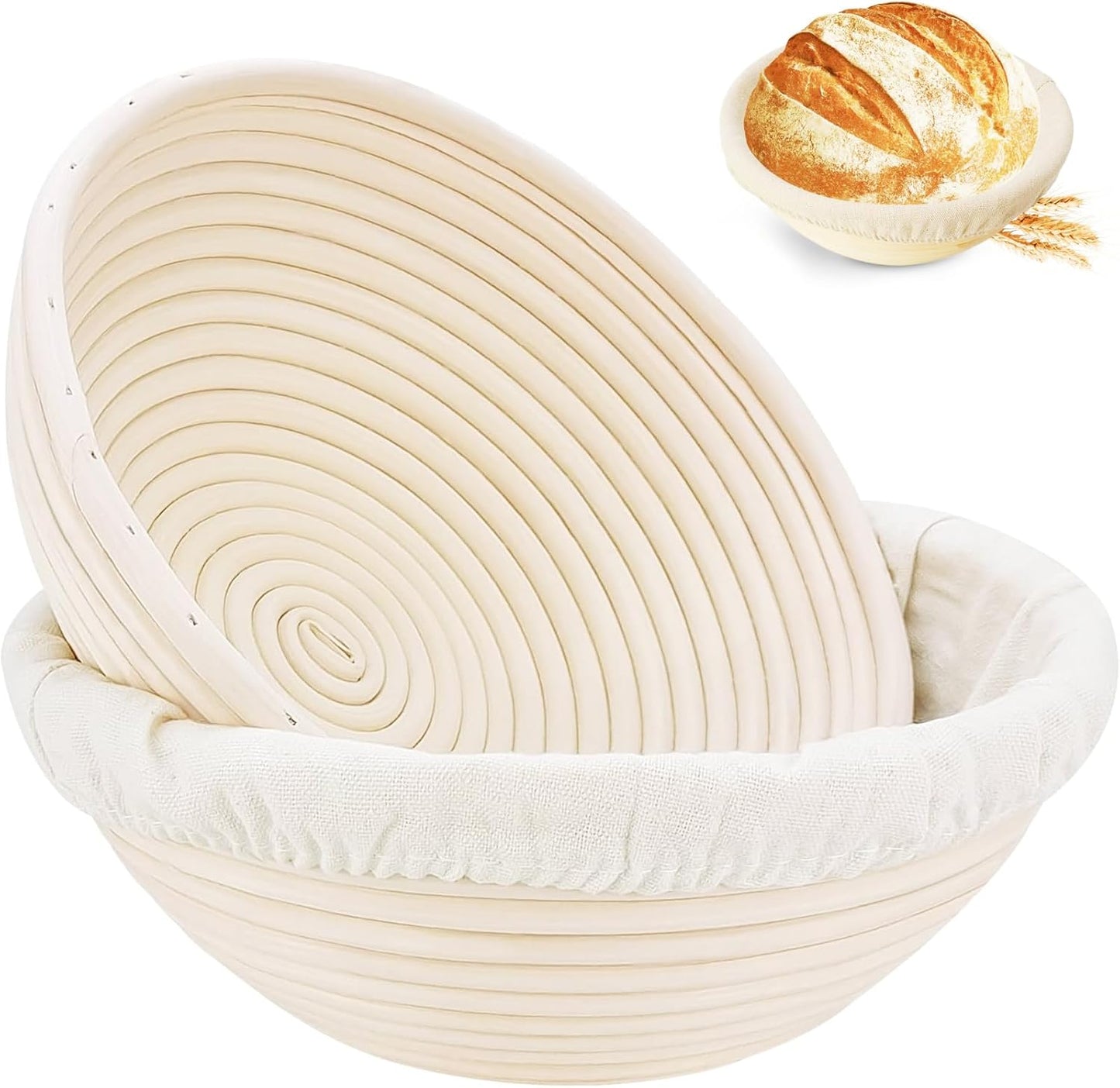 Banneton Bread Proofing Basket Set of 2, Rattan Proofing Baskets for Sourdough Bread | Banneton Bowls with Linen Liners | Natural Rattan Dough Rising Baskets for Artisan Homemade Bread Baking
