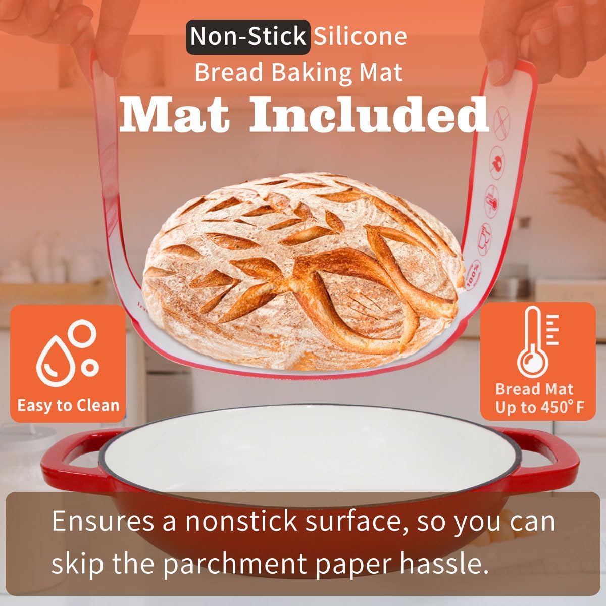 Enameled Cast Iron Dutch Oven with Lid,11”Dutch Oven for Homemade Bread,6 Quart Bread Pans,Bread Oven for Sourdough Bread Baking-with Silicone Baking Mat,Red Thick Enamel Bread Pan-Gifts for Family