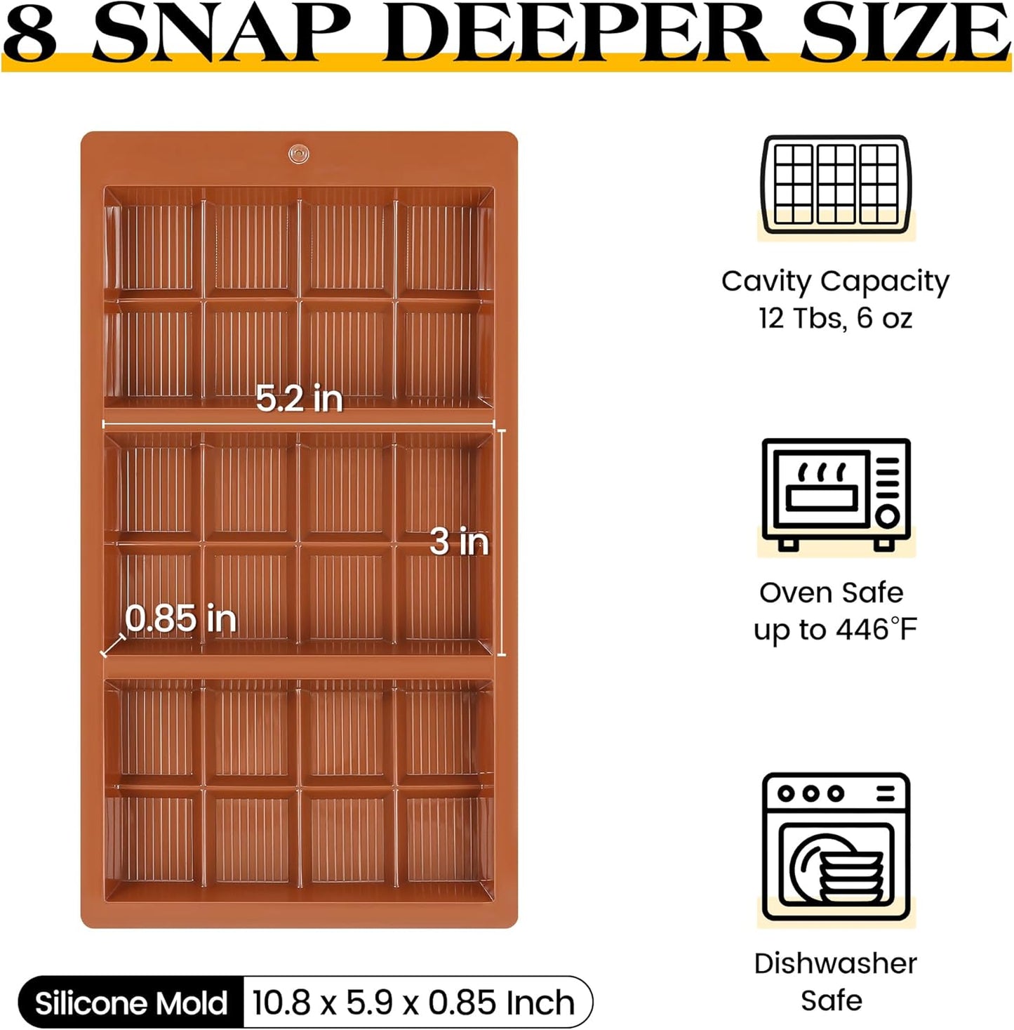 1 Pc Chocolate Bar Mold Deep Dubai 0.85 Inch Stuffed Large Chocolate Molds Silicone Break Apart Thick Silicone Molds for Candy Bar (8 Snap）