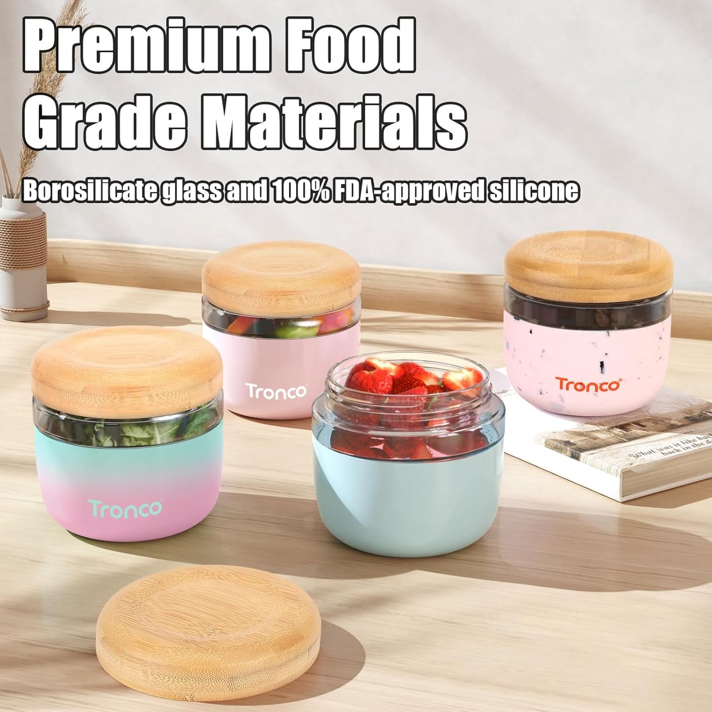 Tronco 24 oz Glass Container with Bamboo Lids, Food Storage Bowls for Soup, Stew & Overnight Oats, Meal Prep, Glass Lunch Bowl Container 100% Leak & Spill Proof, Airtight, BPA-Free- Ideal Gifts, Amber