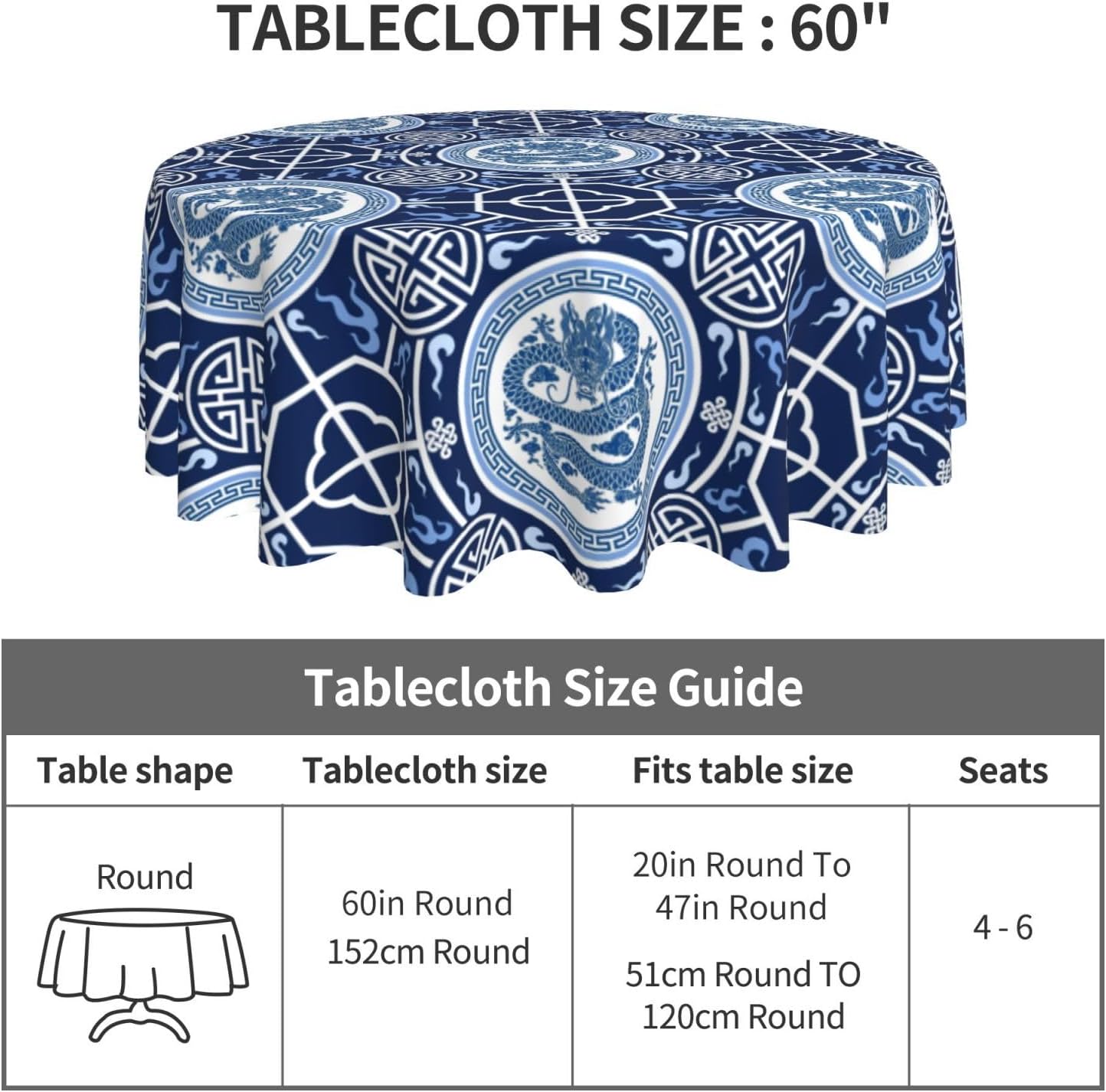 Chinoiserie Tablecloth Round, Traditional Zodiac Dragon Vintage Asian Style Oriental Luxury Water Resisitant Table Cover for Dining Kitchen Living Room Home Party Holiday Decor 70 inch Round
