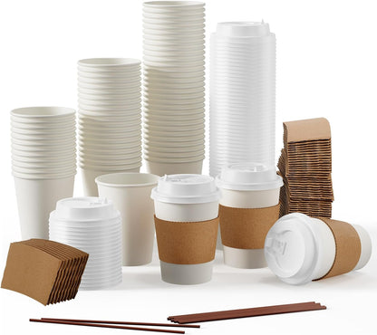 [100 Pack] 12 oz Paper Coffee Cups, Disposable Paper Coffee Cup with Lids, Sleeves, and Stirrers, Hot/Cold Beverage Drinking Cup for Water, Juice or Tea, Suitable for Home, Shops and Cafes