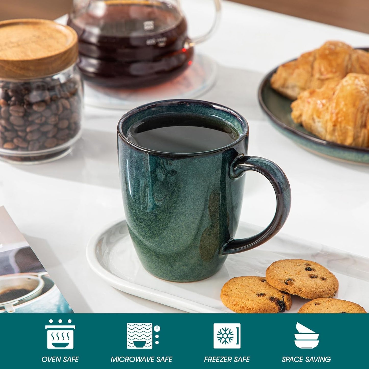 vancasso STARRY Ceramic Coffee Mug Set of 6, 16 Oz Tea Cups with Handle for Latte, Tea, Cappuccino, Milk, Cocoa, Microwave&Dishwasher Safe, Green