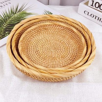 I-lan 3 Pack Round Bread baskets with 2" Wall, 11 Inch Rattan Fruit Basket with Rolled Edge, Decorative Natural Basket Wicker Bowl for Nuts, Candy Catch All Dish, Storage, Coffee Table, Brown, S M L