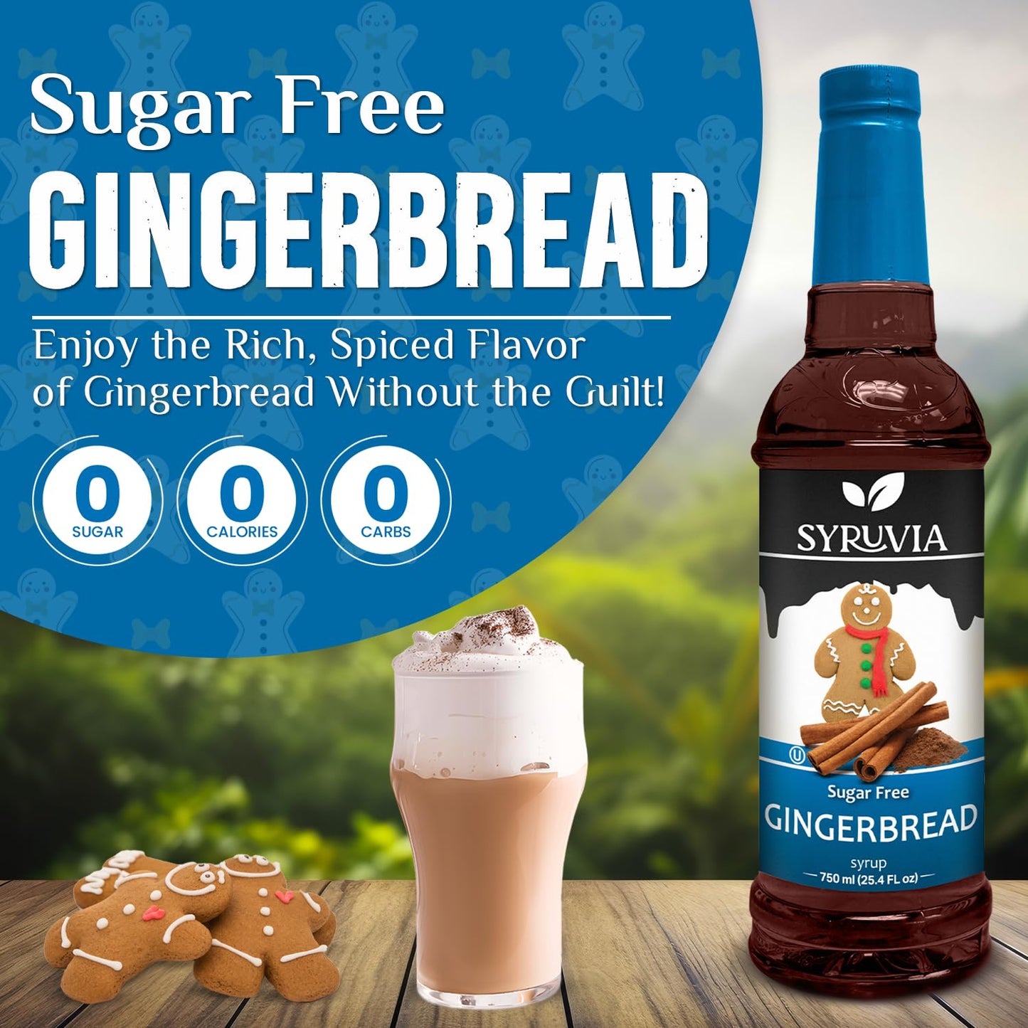 Syruvia Sugar Free Gingerbread Syrup for Coffee, Flavored Syrup for Drinks, Lattes, and Desserts – 25.4 fl oz