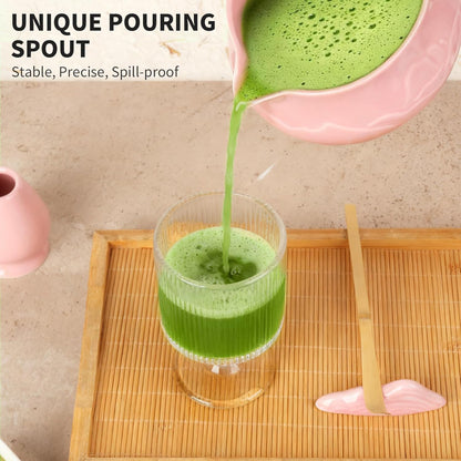 Matcha Whisk Set with Bowl, 8 Pcs Matcha Kit with Ceramic Holder, Scoop Holder, Sifter, Tea Towel, Greeting Card, Bamboo Whisk and Scoop, Pink Christmas Gift for Tea Lovers