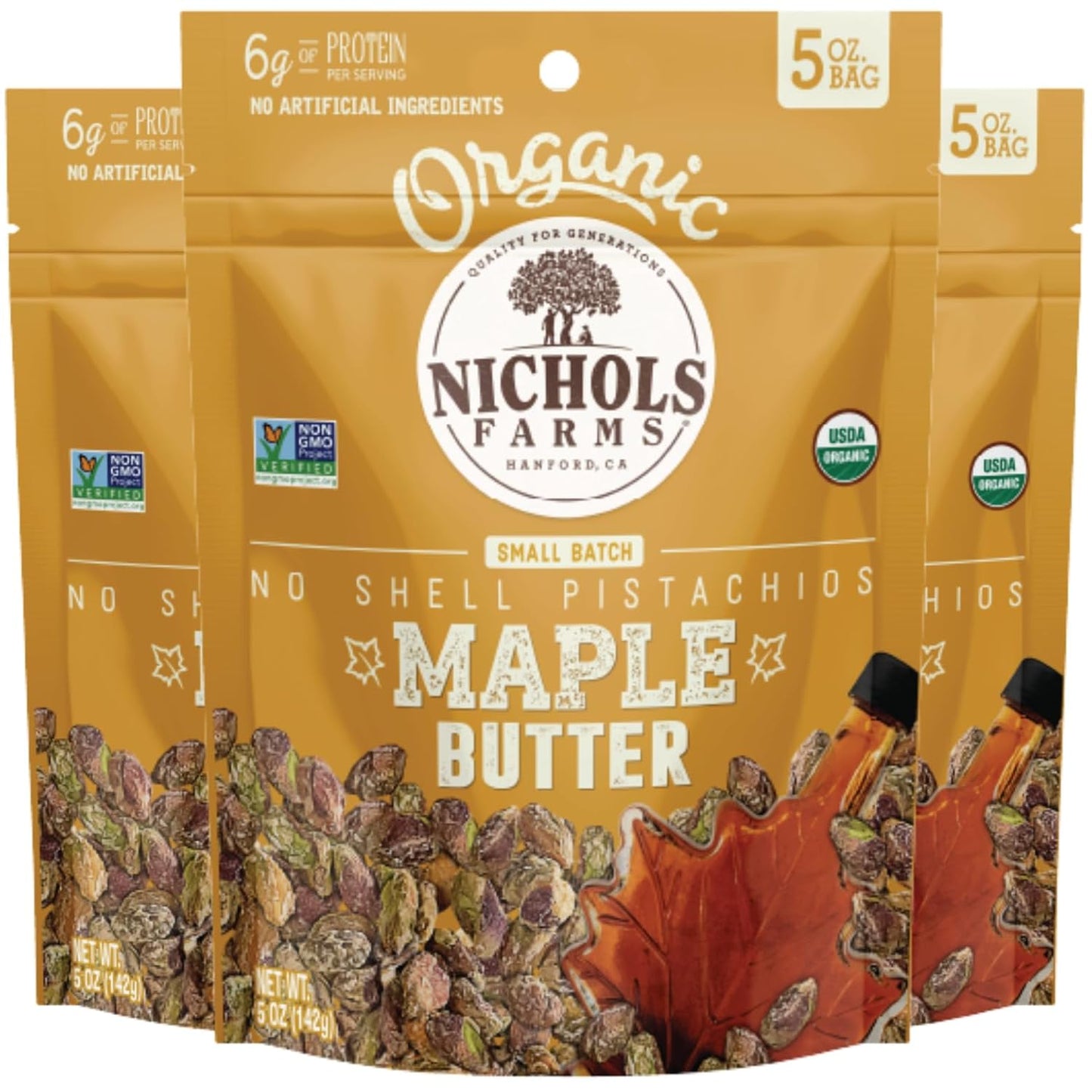 Organic Pistachios, Maple Butter Flavored 5oz 3 Pack No Shell California Pistachios - Nichols Farms