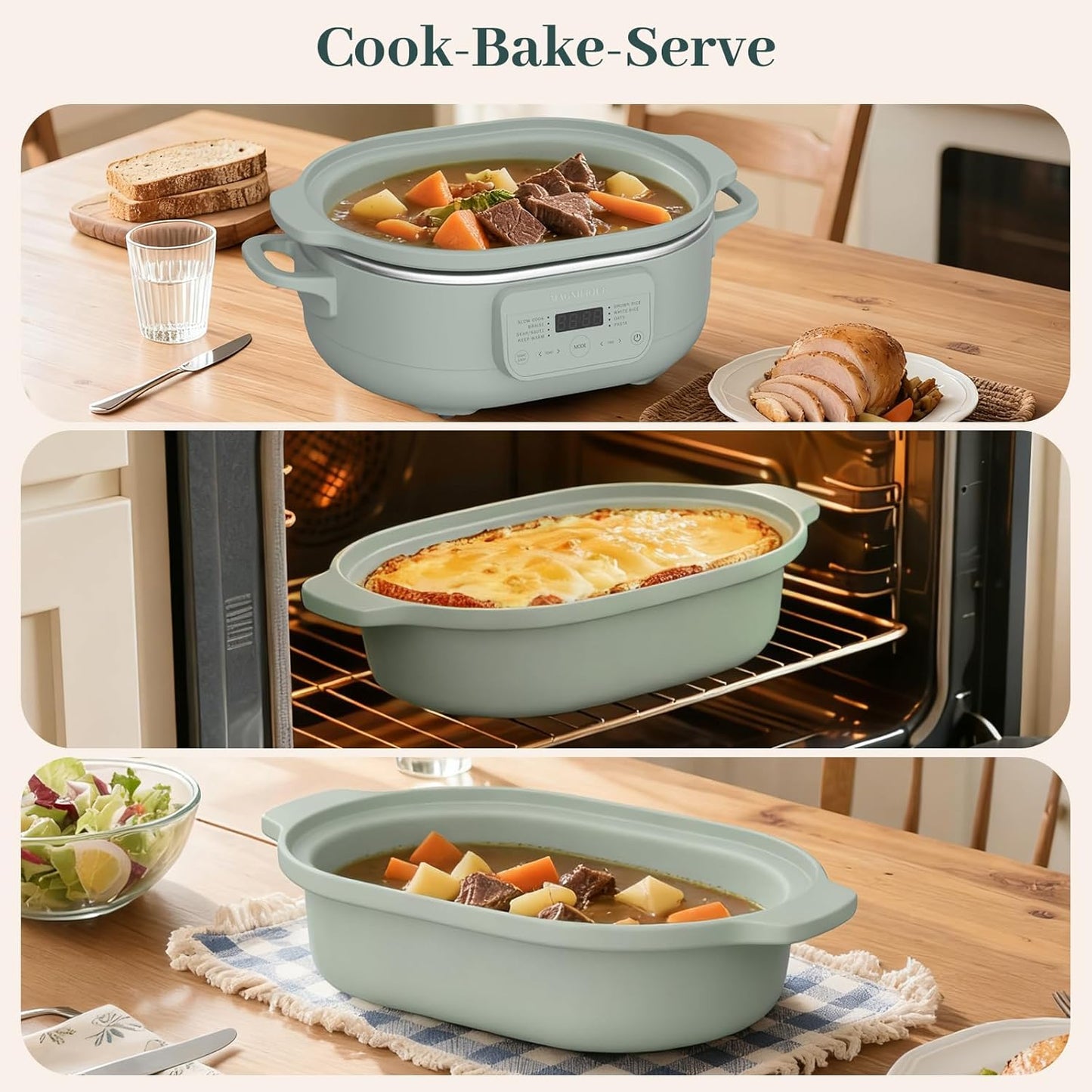 MAGNIFIQUE 4 Quart Programmable Casserole Slow Cooker, 8-in-1 Multi Cooker with Removable Non-Toxic Stoneware Crock, Claypot Slow Cooker, Rice-cooking, Nonstick, Oven Safe Pot to 450°F, Olive