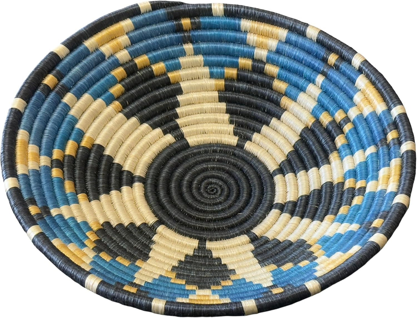 Handwoven African Basket Handmade sisal Fruit Bowl Wall Hanging decorative Baskets for Home Living Room Kitchen Centerpiece Zen Designs Arts and Crafts (Blue Black, 8in diameter)