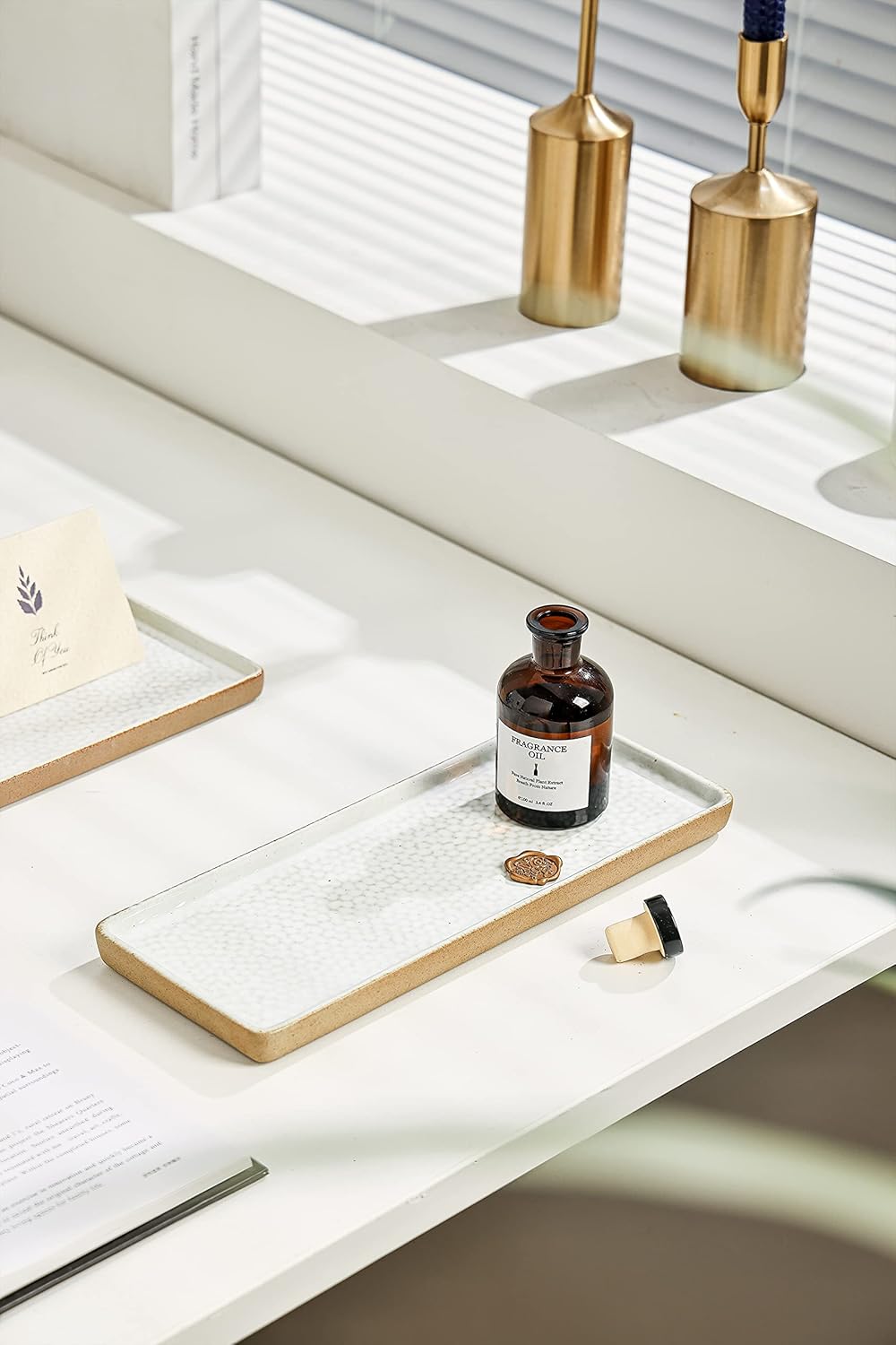 Vanity Tray with Brown Trim - Rectangular White Candle & Perfume Holder Organizer - 12"4.7" for Dresser, Table, Bathroom Countertop