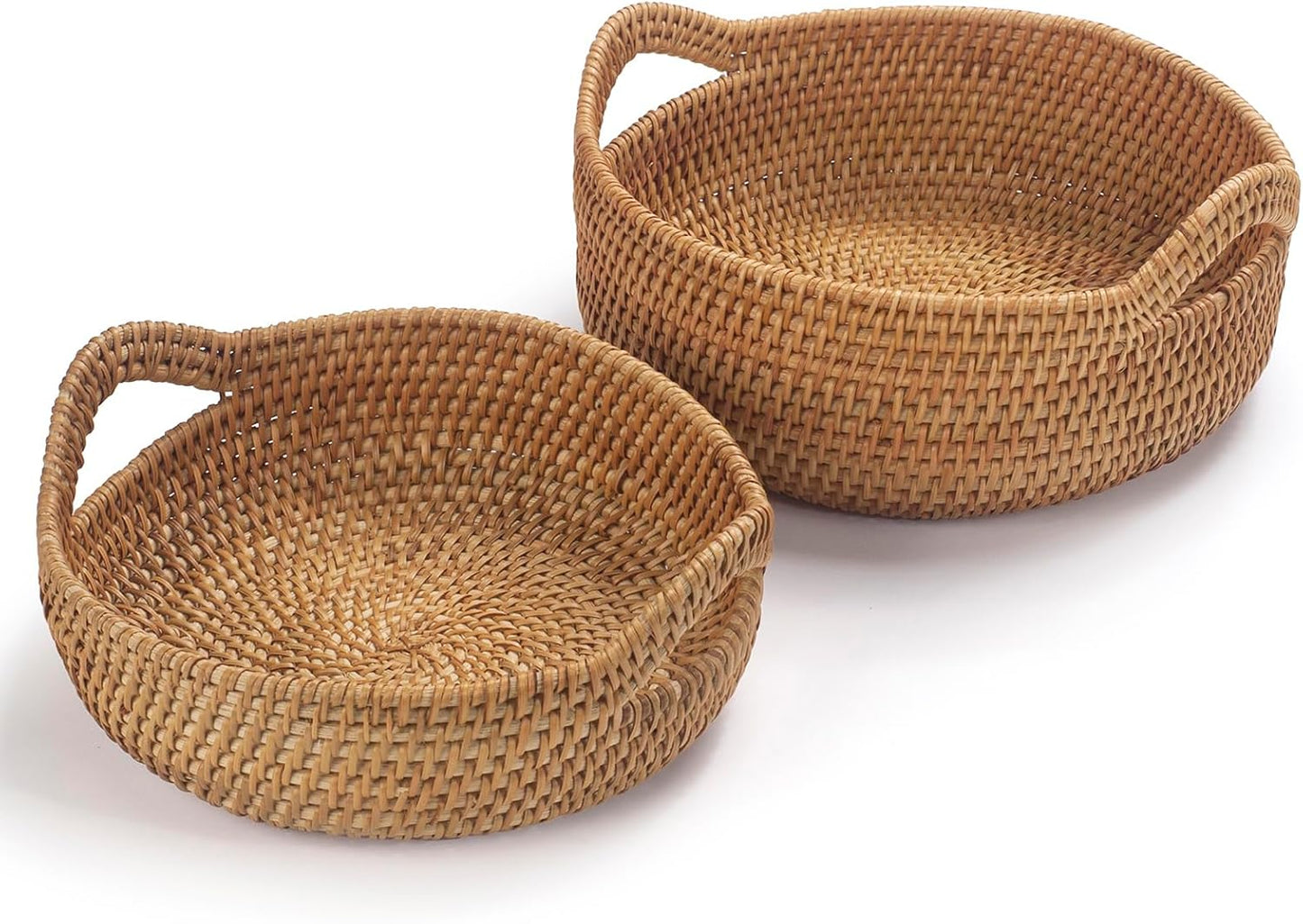Rattan Storage Basket, Hand Woven Fruit Basket with Handles, Wicker Serving Basket, Bread Basket, Decorative Baskets for Organizing, Set of 2