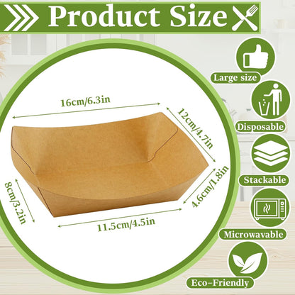100 Pack 2lb Paper Food Trays, Brown Kraft Paper Food Boats, Heavy Duty Disposable Serving Basket, Disposable Nacho Trays for Party Snacks Nachos Fries Hot Dogs Tacos BBQ Popcorn
