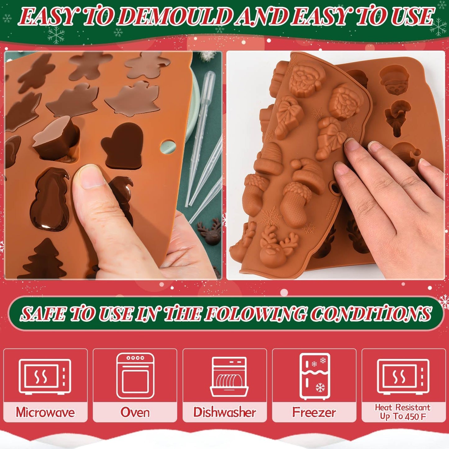 Christmas Silicone Chocolate Molds, 2 Pcs Reuseable Silicone Chocolate Molds, Bakeable Christmas Mould with Santa Christmas Tree Elk Patterns for DIY Chocolate, Candy, Jello, Wax (4 Droppers)