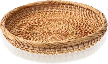 Rattan Bread Baskets Woven Fruit Bowls, 7.5" Round Natural Woven Wicker Basket Picnic Snack Vegetable Bowls Wicker Trays Candy Bowl for Office Kitchen Keys Entryway Organization Handwoven Decor