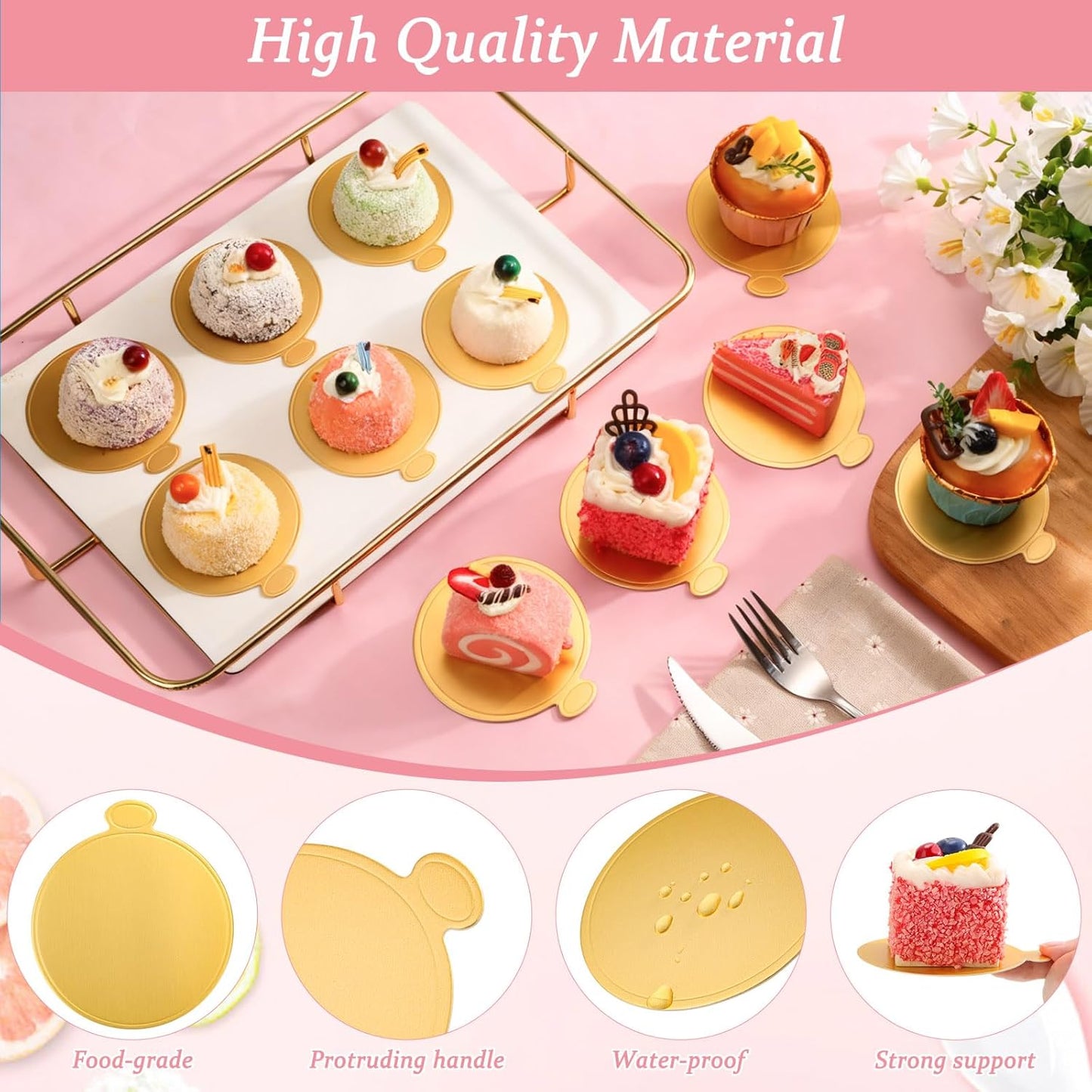 Jollidecor 220 PCS Mini Gold Cake Boards 3.5 inch & 3.15 inch Round Cake Base Mini Flan Tray Disposable Paper Plates for Cupcake, Dessert, Mousse Cake, Flan, Cheesecake