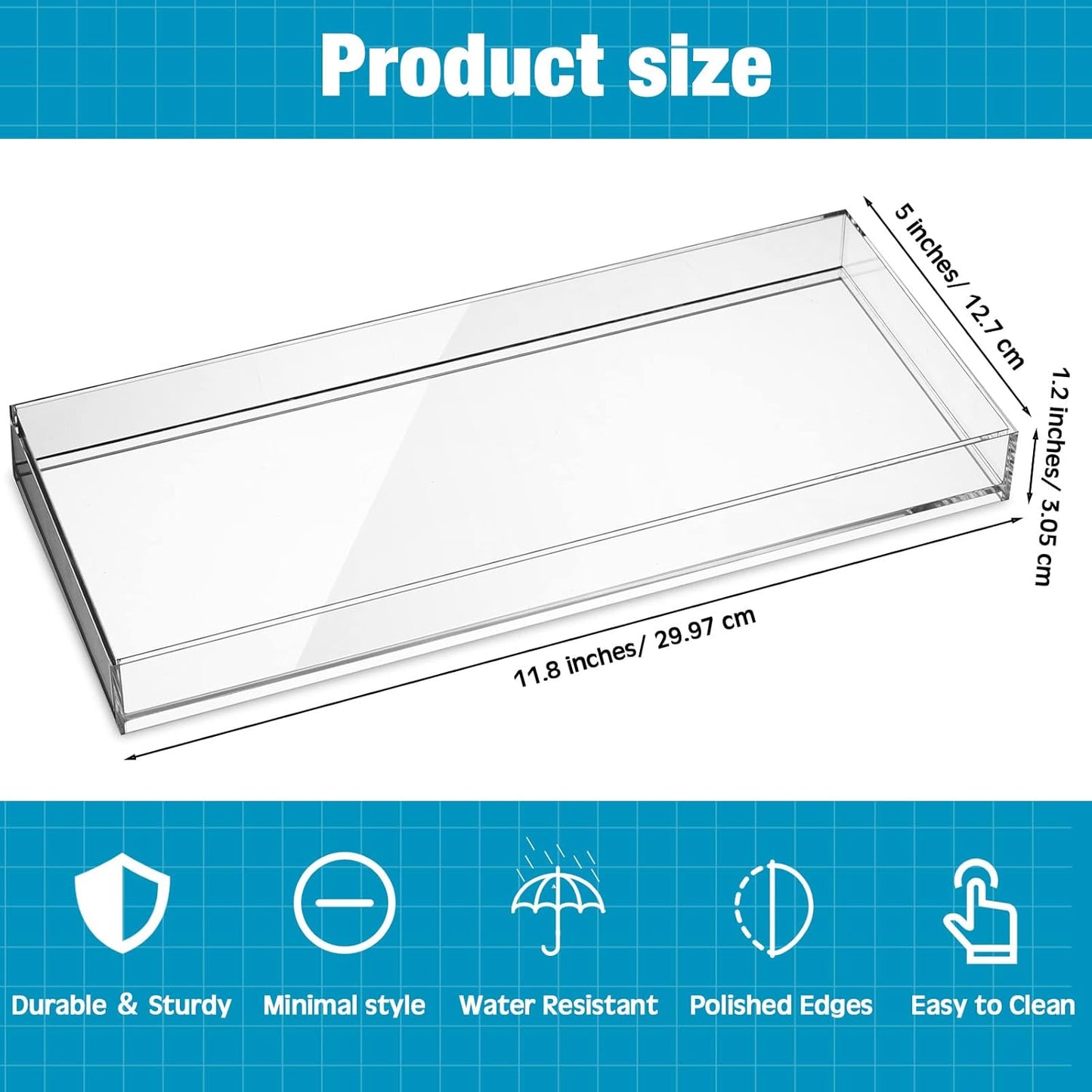 Maitys 3 Pcs Acrylic Vanity Tray Bathroom Tray for Serving Vanity Makeup Organizer Clear Hand Towel Kitchen Countertop Makeup Perfume Cosmetics Organizer Valentine Gift (11.8 x 5 Inch)