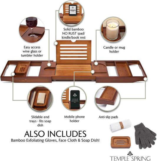 Temple Spring Wooden Bathtub Tray, Bamboo Bathroom Accessories, Bath Tray for Tub, at Home Spa Essentials, Board for Tub Table, Bath Caddy for Bathtub Accessories & Bathroom Essentials – Wood Brown