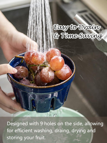 Gomakren Fruit Bowl with Holes, Ceramic Berry Basket Set of 2, 5.8 Inch Round Fruit Storage Containers, Strawberry Baskets, Farmhouse Kitchen Decor - Cobalt Blue