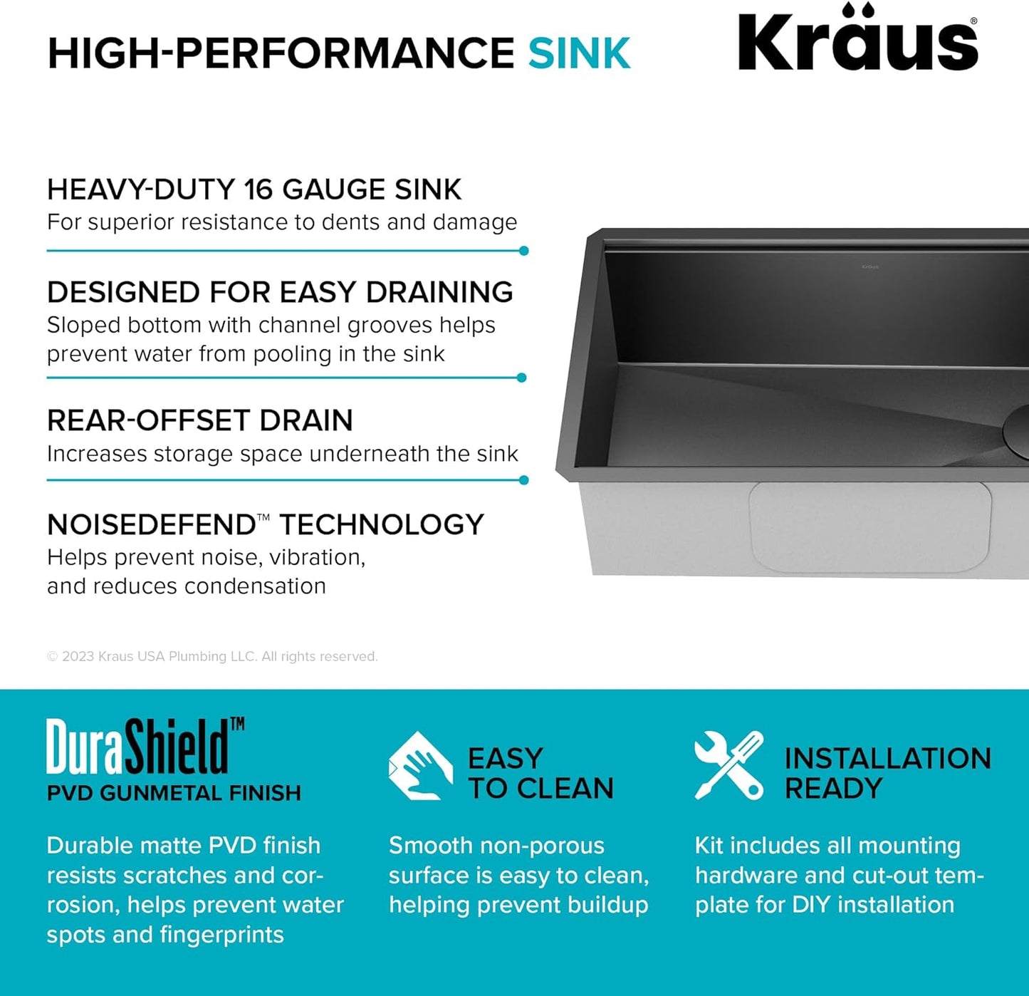 KRAUS Kore Workstation 32-inch Undermount 16 Gauge Black Stainless Steel Single Bowl Kitchen Sink in PVD Gunmetal Finish with Accessories, KWU110-32/PGM