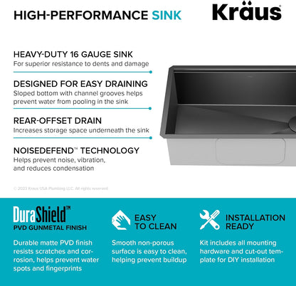 KRAUS Kore Workstation 32-inch Undermount 16 Gauge Black Stainless Steel Single Bowl Kitchen Sink in PVD Gunmetal Finish with Accessories, KWU110-32/PGM
