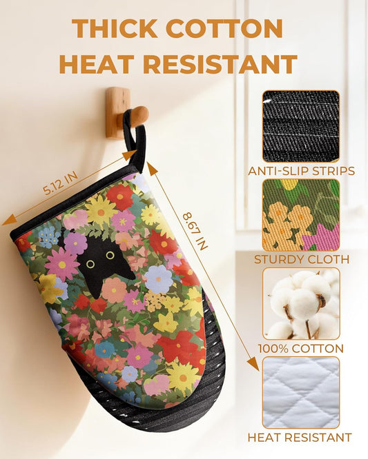 Slohif Cat Mini Oven Mitts Set – Black Extended Short Animal Heat Resistant Kitchen Gloves for Women, 100% Cotton Oven Mitts with Silicone Grips, Non-Slip and Thick Durable for Cooking & Baking