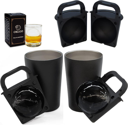 Clear Ice Cube Maker Tray – 2.5 Inch Large Round Ice Ball Mold, Stainless Steel & Silicone, Slow Melting Transparent Ice for Whiskey, Cocktails, and Home Bar Use (Black-2 Pack)