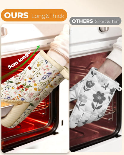 Slohif Vintage Floral Mini Oven Mitts Set – Beige Extended Short Heat Resistant Kitchen Gloves for Women, 100% Cotton Oven Mitts with Silicone Grips, Non-Slip and Thick Durable for Cooking & Baking