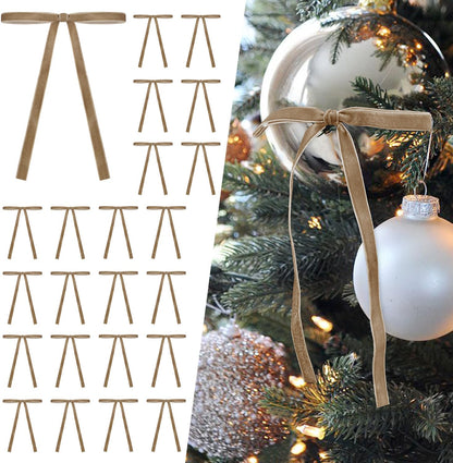 SIMISI RIBBON 24Pcs Khaki Christmas Velvet Ribbon Bows Decorations Xmas Ornaments Vintage Decor for Tree, Wreath, Garland (3/8'' Width, 5 * 7 inch)