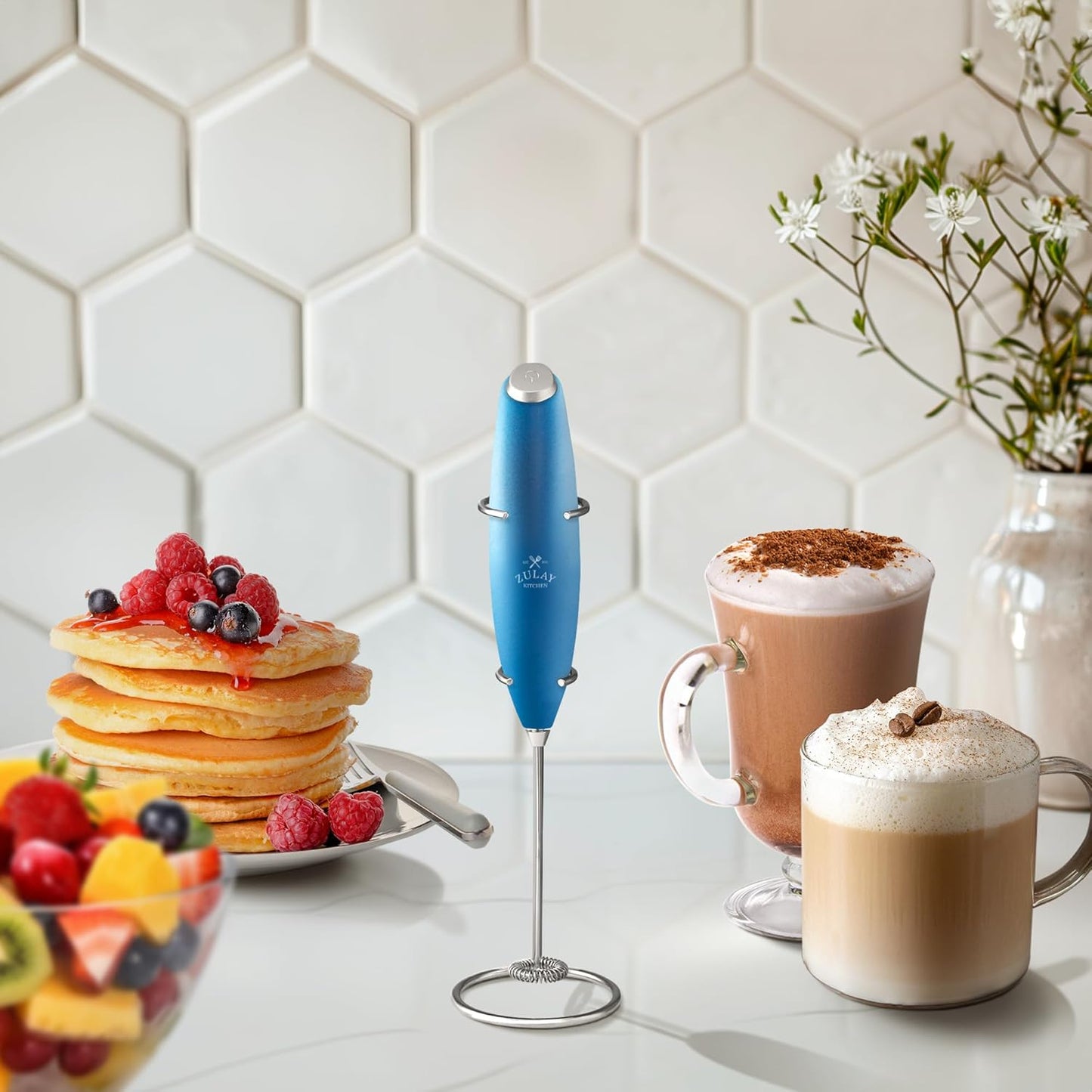 Zulay Powerful Milk Frother Handheld Foam Maker for Lattes - Whisk Drink Mixer for Coffee, Mini Foamer for Cappuccino, Frappe, Matcha, Hot Chocolate by Milk Boss (Metallic Blue)