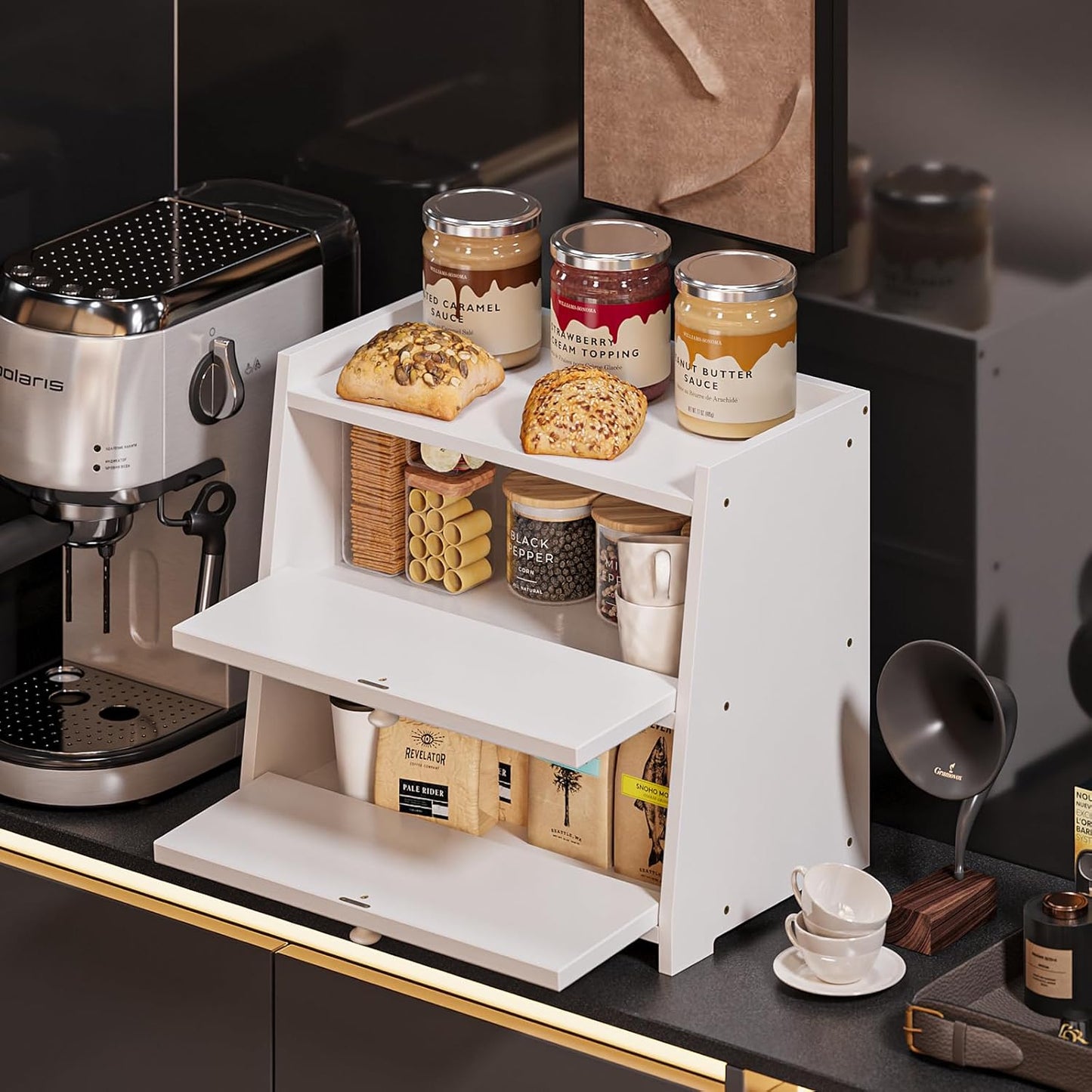 Vintage Double Layer Bread Box for Kitchen Counter Bamboo Bread Storage Container Large Capacity Bread Storage Bin (White)