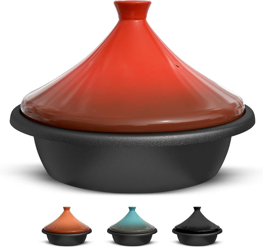 KooK Moroccan Tagine, Enameled Cast Iron Cooking Pot, Tajine with Ceramic Cone-Shaped Closed Lid, 3.3 QT, (Crimson)