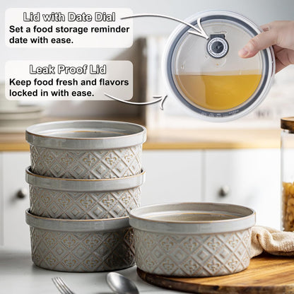 Ceramic Bowls with Lids set of 4, Soup Bowls, 28 oz Charcuterie Bowls Set for Kitchen, Food Storage Container Bowls Dishwasher & Microwave Safe for Salad, Pasta, Snack, Oatmeal, Fruit, Grey