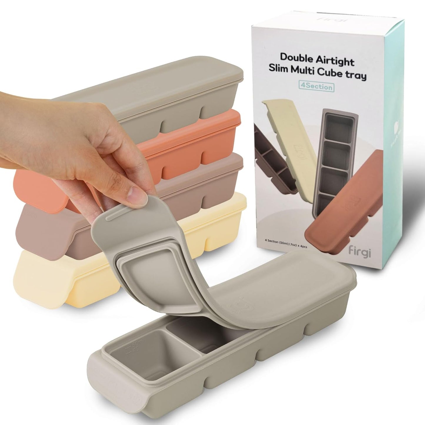 Silicone Ice Cube Freezer Tray with Lid, 100% Food-Grade Platinum Silicone,Leak Resistance & Dishwasher Safe for Baby Food Prep,Breast Milk,Purees - Korean Made (4 Sets 1.7 oz/4 Sections)