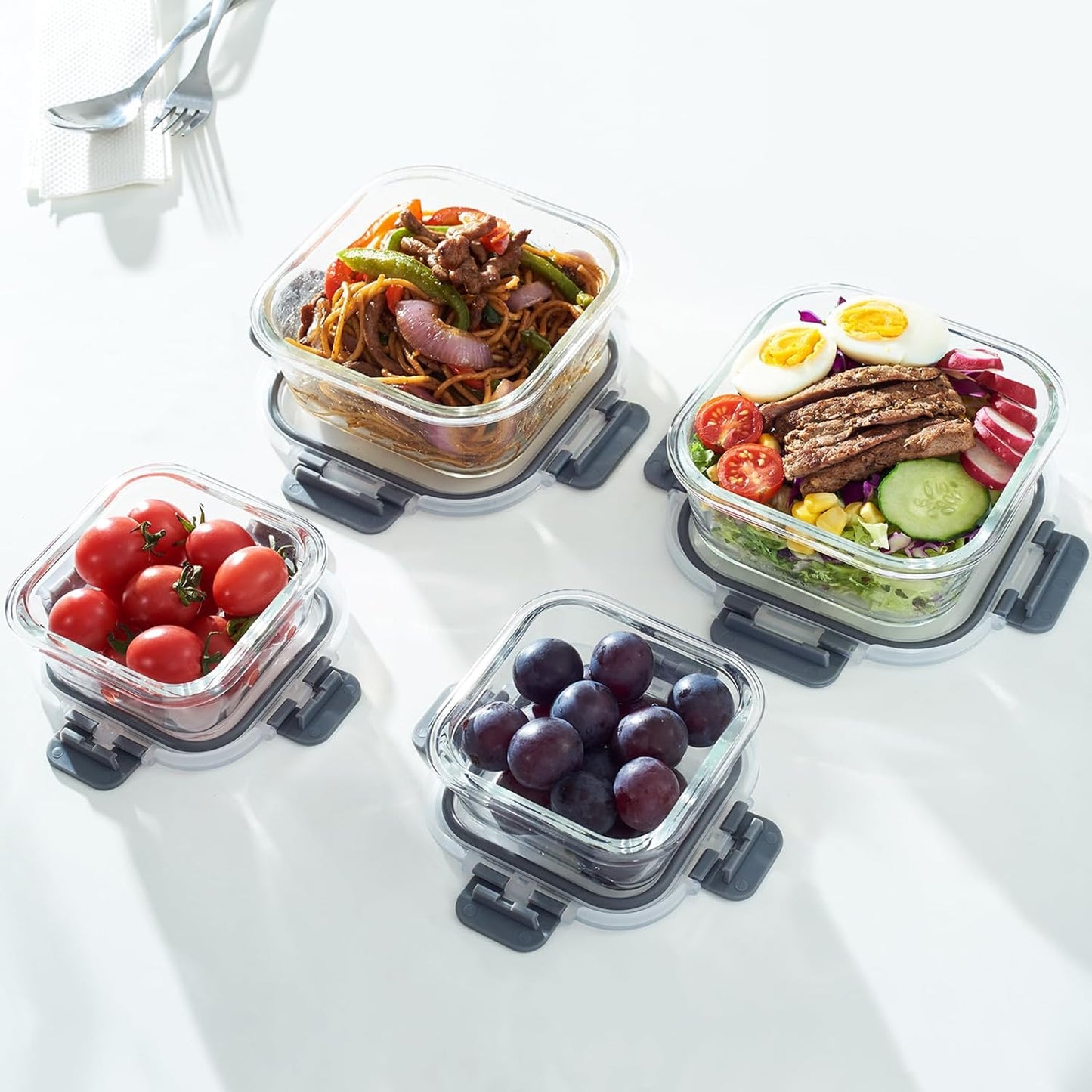 Glass Food Storage Containers with Lids, 4 Pack, Airtight, Leak Proof, BPA Free, Oven/Dishwasher Safe, Grey