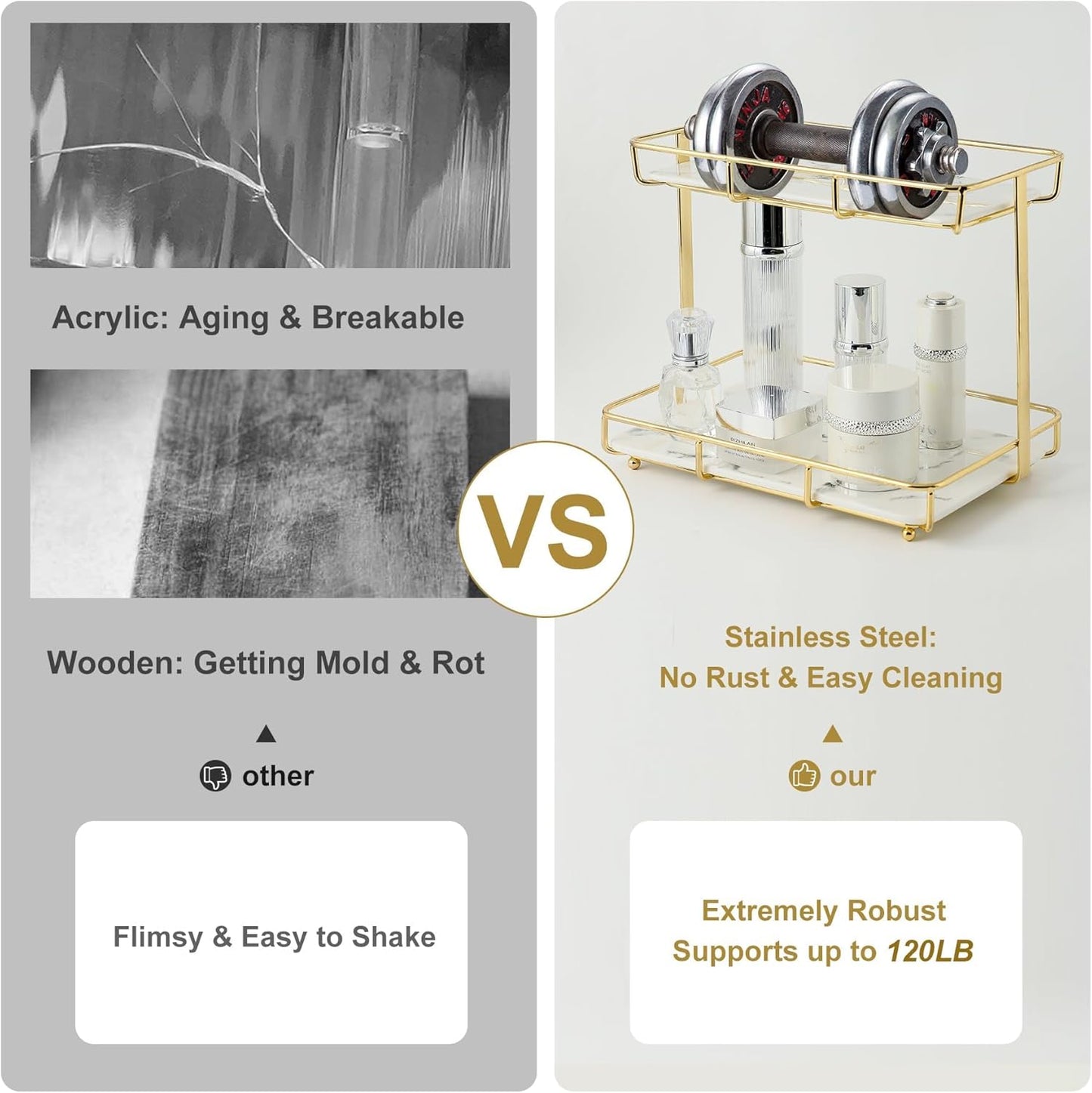 Bathroom Organizer Countertop Perfume Organizer Makeup Organizer Cosmetics Storage Display Rack Vanity Tray Dresser Stainless Steel Gold Shelf White Marble Ceramic Tray