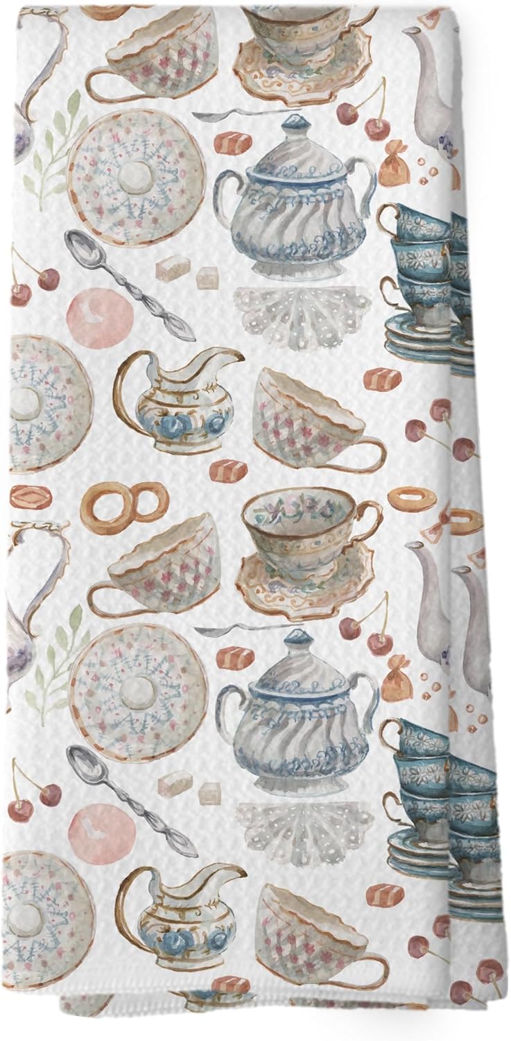 Vintage Teacups Kitchen Dish Towels, Retro French Garden Tea Lover Gifts for Women Men, Coffee Cups Teapots Kitchen Decor, Tea Time Hand Towels Kitchen Bathroom Tea Towels Decorations, 16x24inch