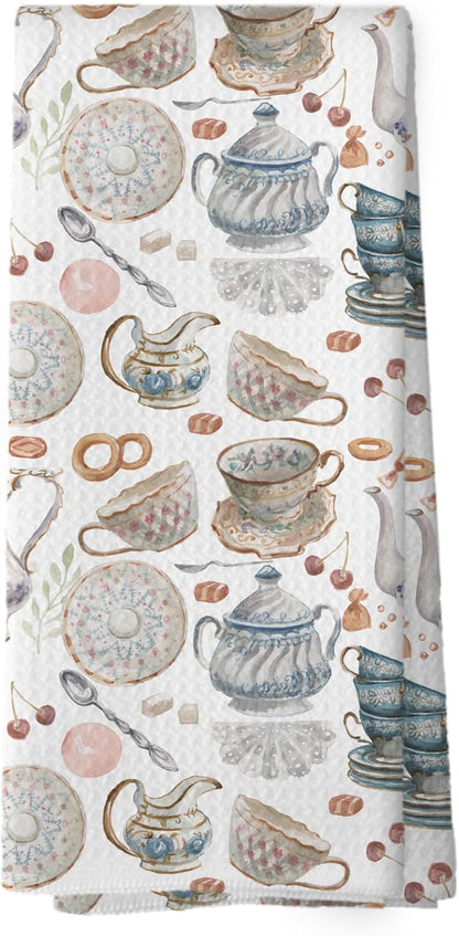 Vintage Teacups Kitchen Dish Towels, Retro French Garden Tea Lover Gifts for Women Men, Coffee Cups Teapots Kitchen Decor, Tea Time Hand Towels Kitchen Bathroom Tea Towels Decorations, 16x24inch