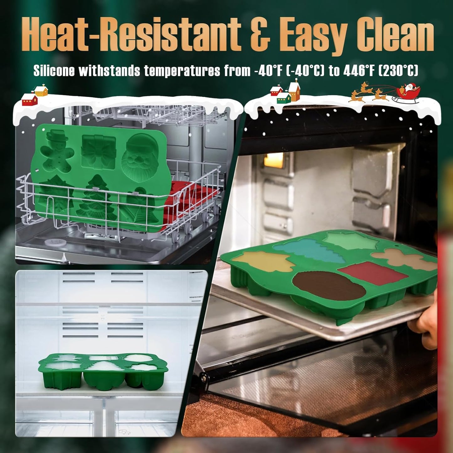 HKNMTT Large Christmas Silicone Molds for Baking Cake Muffins Oven Safe Freezing Soap Candle Cocoa Bomb Food Grade Tray, Deep Snowflake Xmas Tree Santa Gingerbread Gift Bell 6 Holiday Shapes Mould